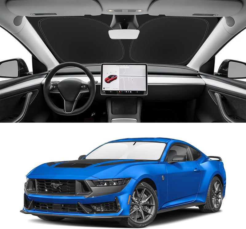 SLOGENTO Custom Fit Windshield Sun Shade for Ford Mustang 2015-2023 (Not for Mustang Mach-E), Blocks UV & Heat, Front Window Sunshade, Easy Fold & Store - Image 1